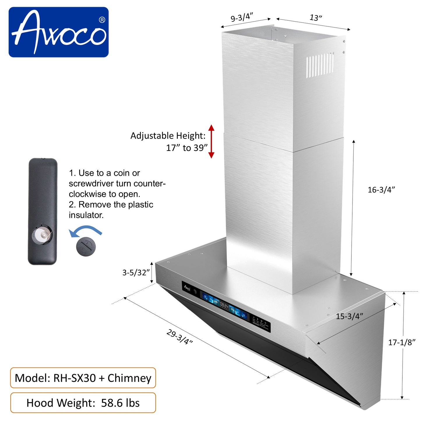 Awoco 30" Wall Mount Range Hood, Slant Vent Design, 4 Speeds Exhaust Fan with 800 CFM, Voice, Gesture, Touch & Remote Control, 6" Vent, Dimmable LED Light Bars, Adjustable Chimney up to 39"