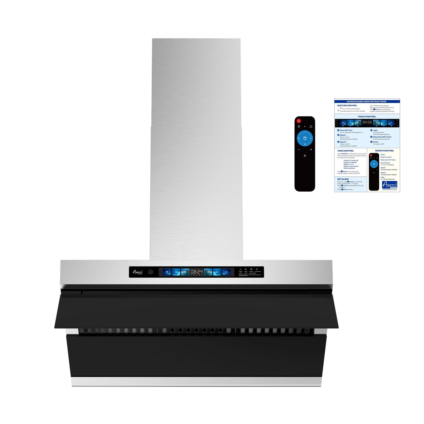 Awoco 36" Wall Mount Range Hood, Slant Vent Design, 4 Speeds Exhaust Fan with 800 CFM, Voice, Gesture, Touch & Remote Control, 6" Vent, Dimmable LED Light Bars, Adjustable Chimney up to 39"