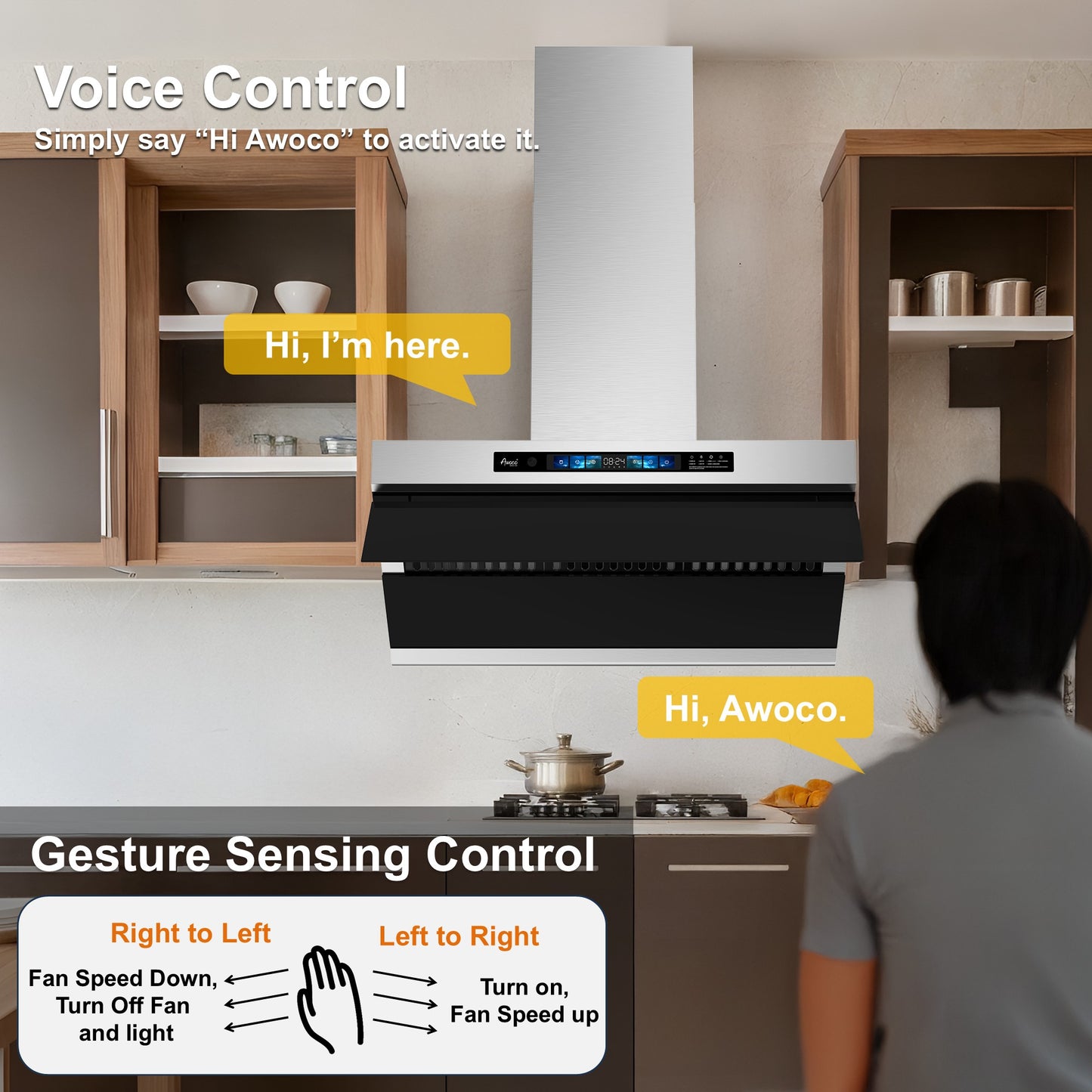 Awoco 36" Wall Mount Range Hood, Slant Vent Design, 4 Speeds Exhaust Fan with 800 CFM, Voice, Gesture, Touch & Remote Control, 6" Vent, Dimmable LED Light Bars, Adjustable Chimney up to 39"