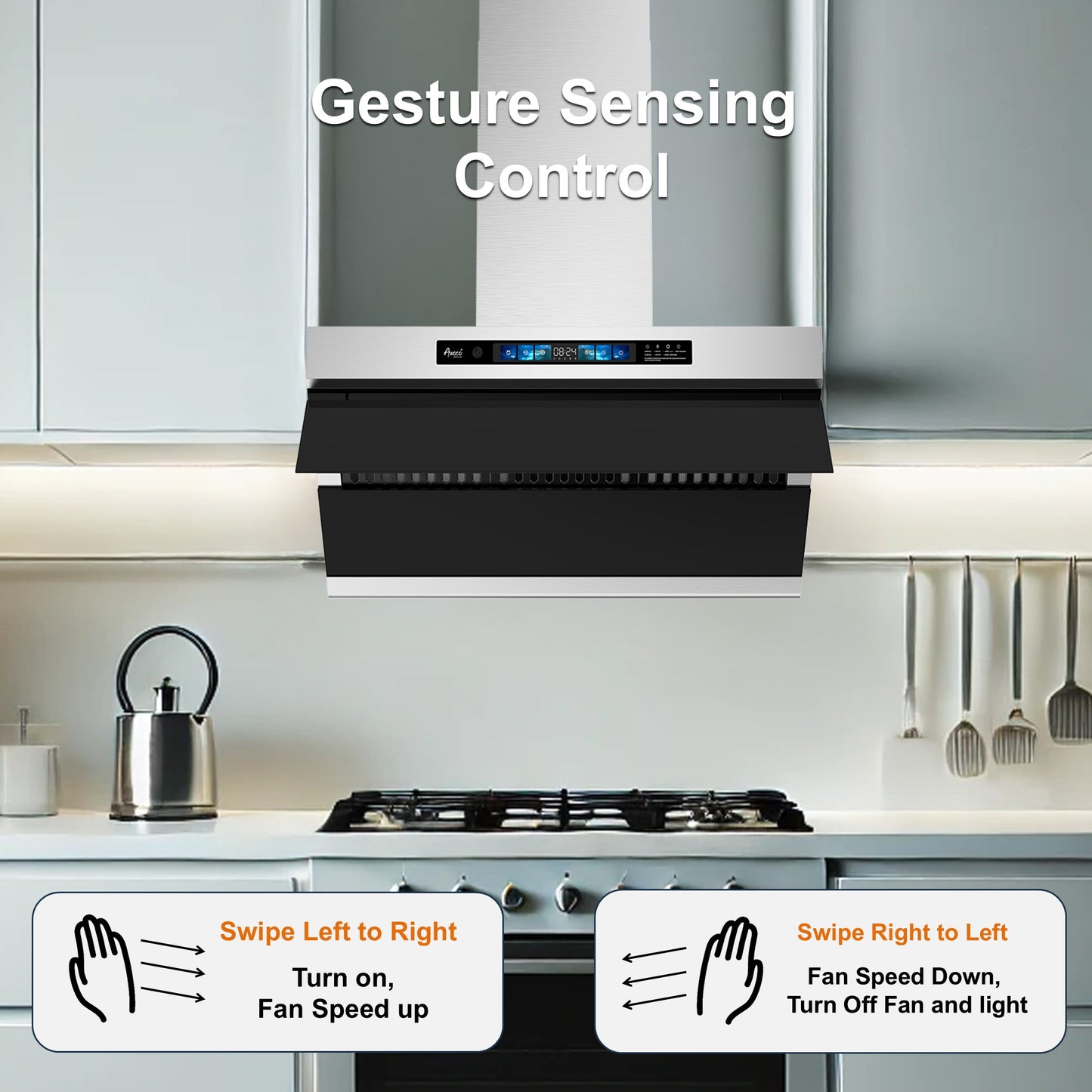 Awoco 36" Wall Mount Range Hood, Slant Vent Design, 4 Speeds Exhaust Fan with 800 CFM, Voice, Gesture, Touch & Remote Control, 6" Vent, Dimmable LED Light Bars, Adjustable Chimney up to 39"