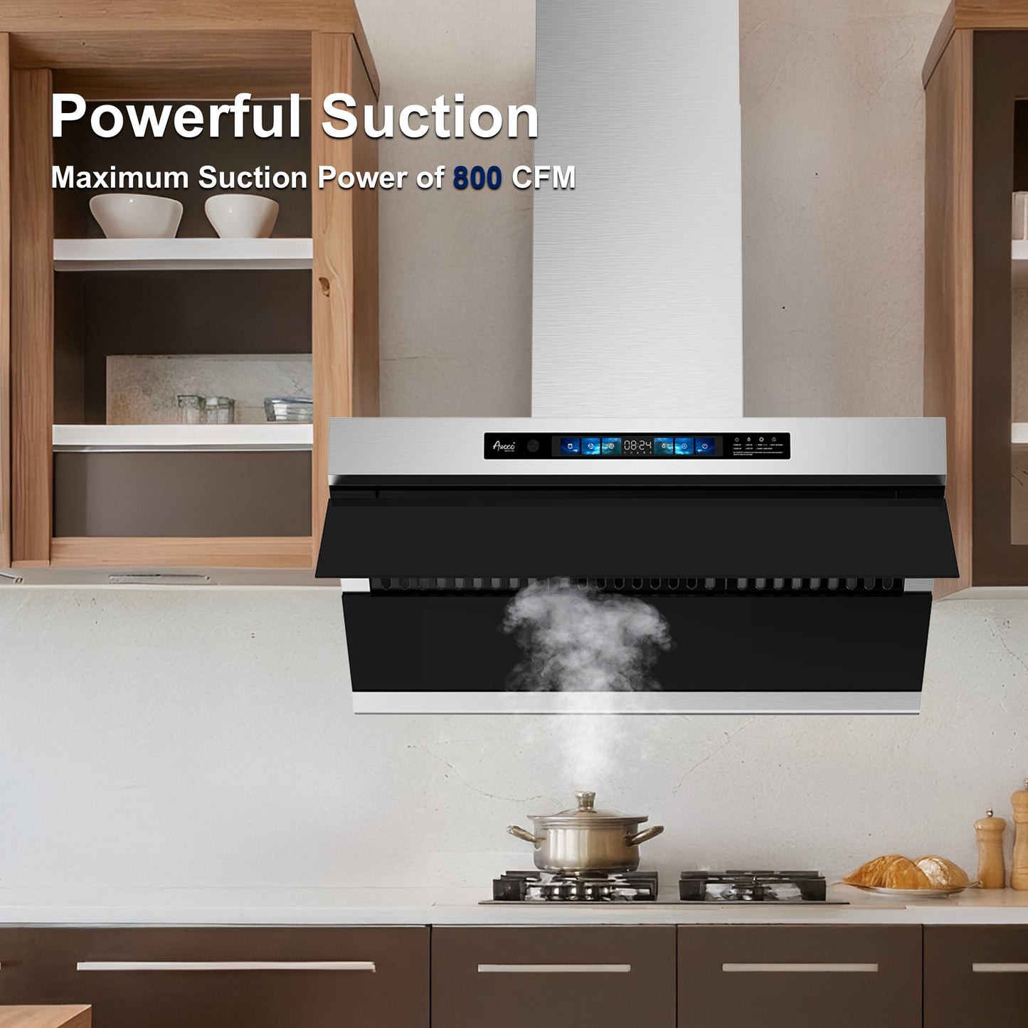Awoco 36" Wall Mount Range Hood, Slant Vent Design, 4 Speeds Exhaust Fan with 800 CFM, Voice, Gesture, Touch & Remote Control, 6" Vent, Dimmable LED Light Bars, Adjustable Chimney up to 39"