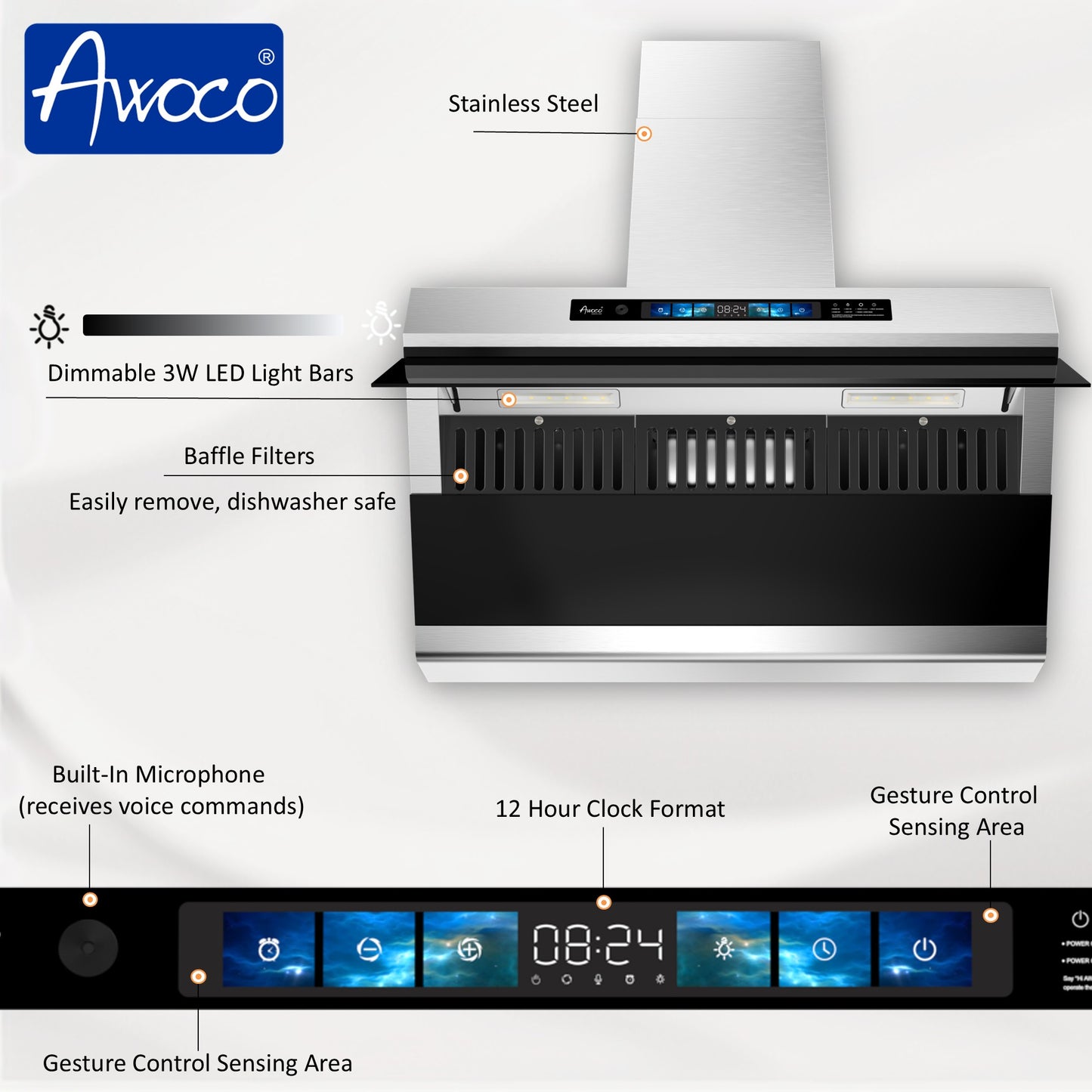 Awoco 36" Wall Mount Range Hood, Slant Vent Design, 4 Speeds Exhaust Fan with 800 CFM, Voice, Gesture, Touch & Remote Control, 6" Vent, Dimmable LED Light Bars, Adjustable Chimney up to 39"