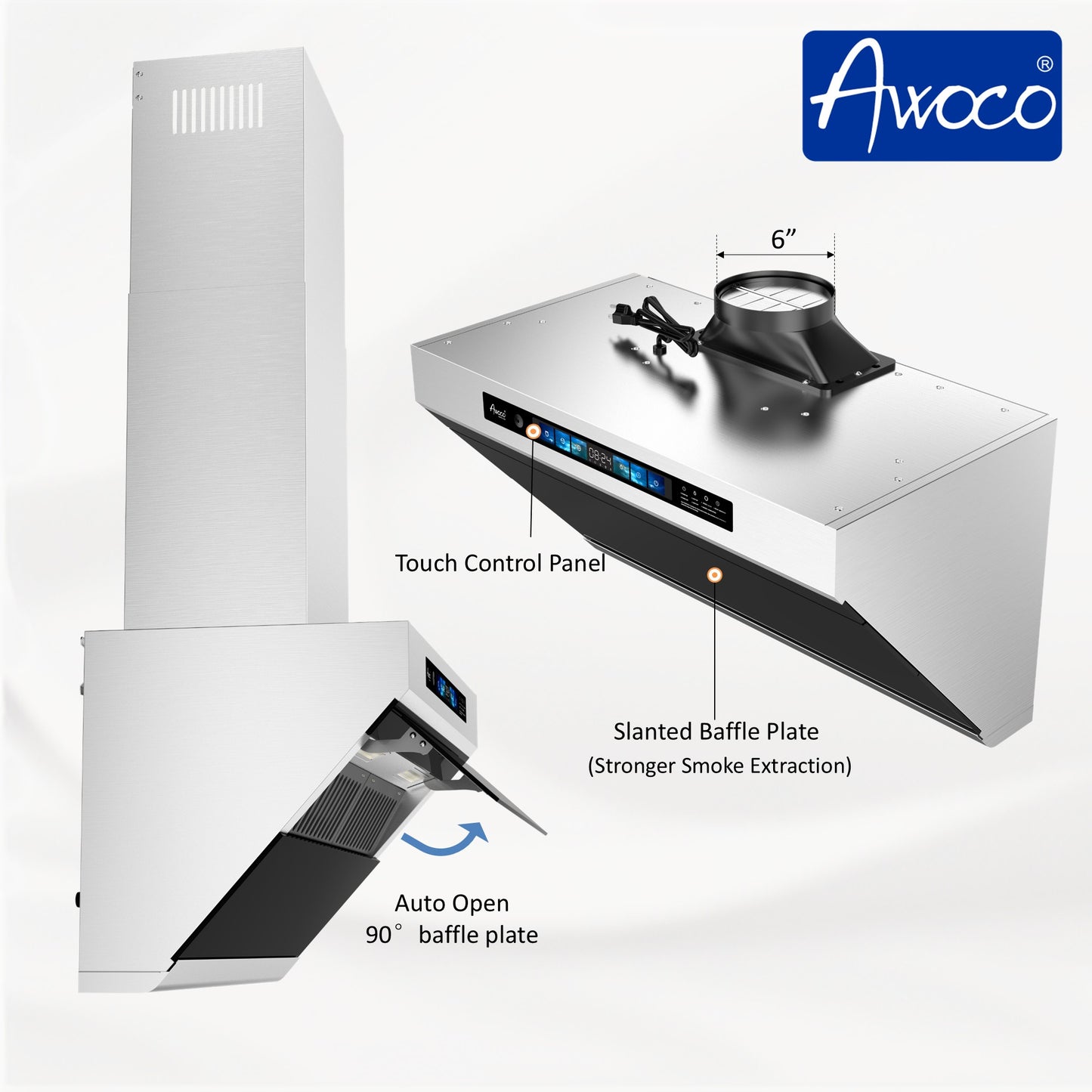 Awoco 36" Wall Mount Range Hood, Slant Vent Design, 4 Speeds Exhaust Fan with 800 CFM, Voice, Gesture, Touch & Remote Control, 6" Vent, Dimmable LED Light Bars, Adjustable Chimney up to 39"