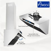 Awoco 36" Wall Mount Range Hood, Slant Vent Design, 4 Speeds Exhaust Fan with 800 CFM, Voice, Gesture, Touch & Remote Control, 6" Vent, Dimmable LED Light Bars, Adjustable Chimney up to 39"