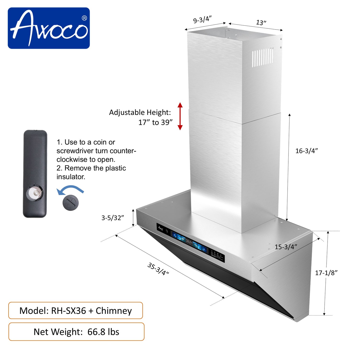 Awoco 36" Wall Mount Range Hood, Slant Vent Design, 4 Speeds Exhaust Fan with 800 CFM, Voice, Gesture, Touch & Remote Control, 6" Vent, Dimmable LED Light Bars, Adjustable Chimney up to 39"
