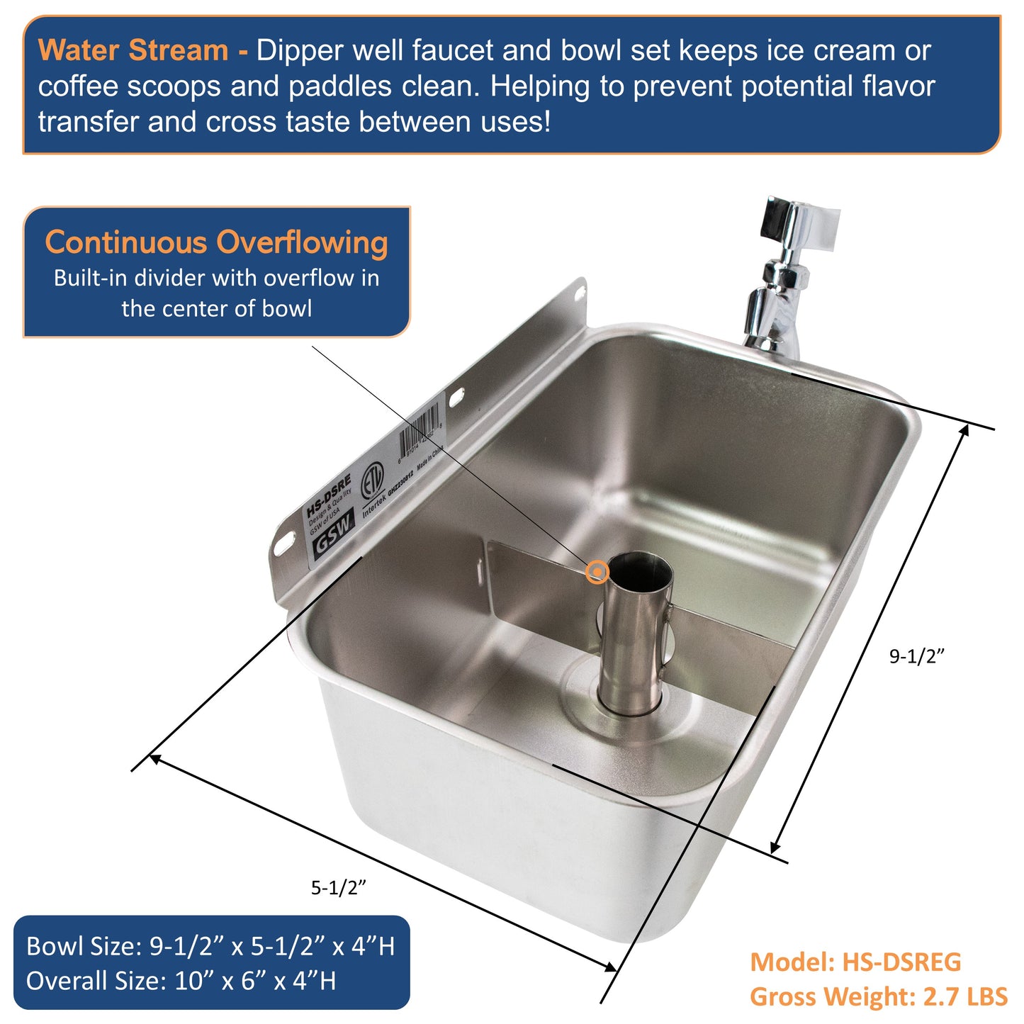 GSW Rectangular Stainless Steel Wall Mount Dipper Well Sink with Faucet for Washing Ice Cream or Coffee Spoons, 10" x 6" x 4"