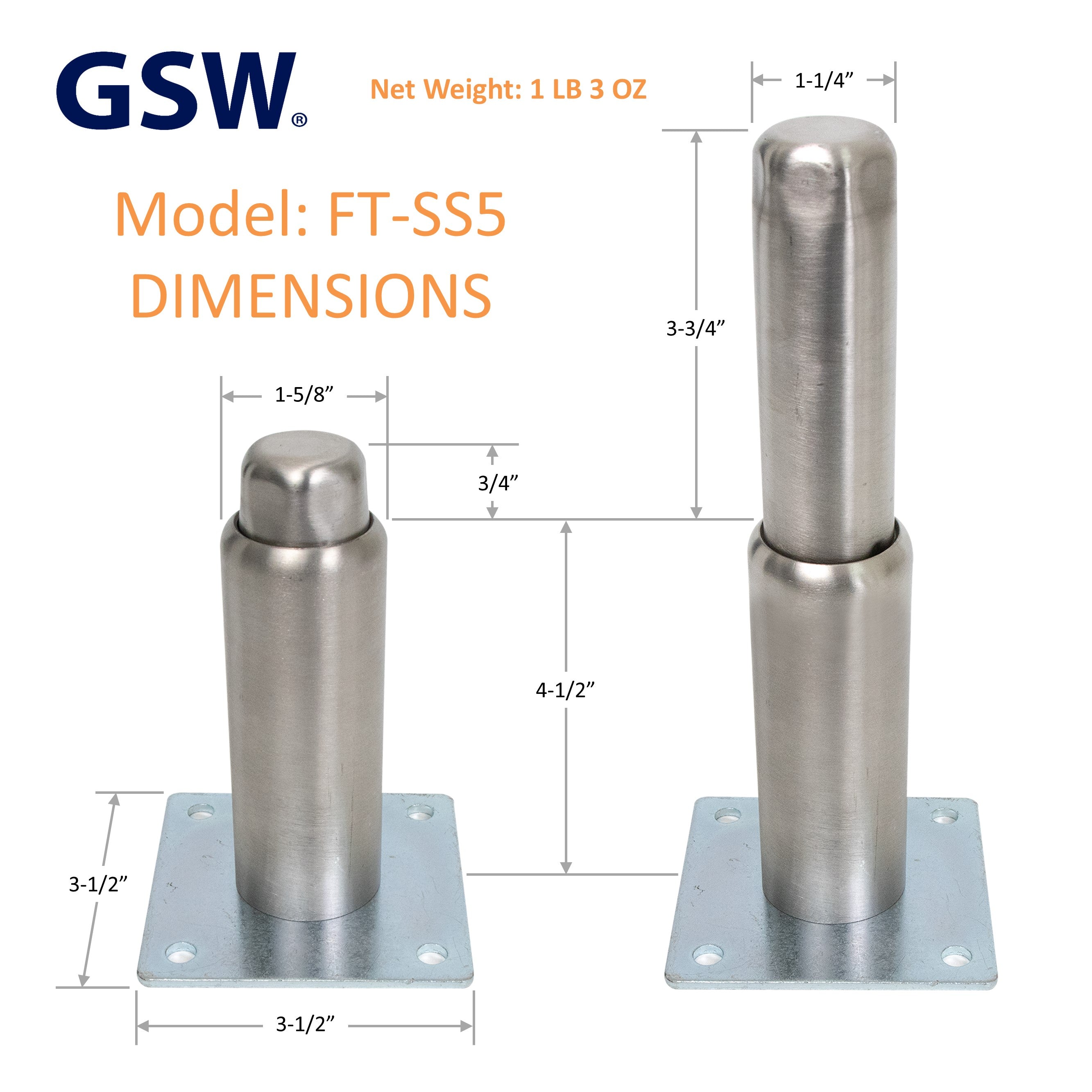 GSW Set of 4 Adjustable Stainless Steel Equipment Legs, 5-1/4” High with 3” Extension, Removable Mounting Plate & 1/2”-13 Protruding Stud, FT-SS5