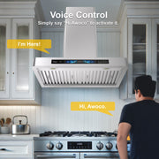 Awoco 30" Wall Mount Range Hood, T-Shape Kitchen Hood with 800 CFM, Voice, Gesture, Touch & Remote Controls, Stainless Steel, 6" Vent, Dimmable LED Lights, Baffle Filters, Adjustable Chimney