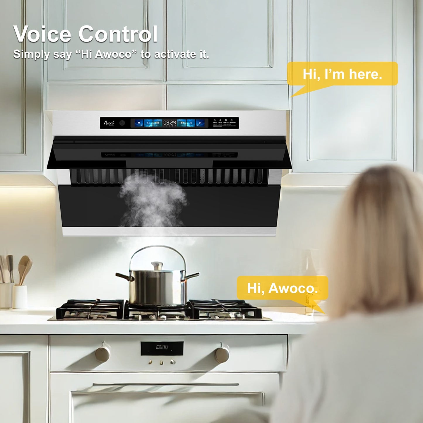 Awoco 30" Under Cabinet Range Hood, Slant Vent Design, 4 Speeds Exhaust Fan with 800 CFM, Voice, Gesture, Touch & Remote Control, 6" Vent, Dimmable LED Light Bars