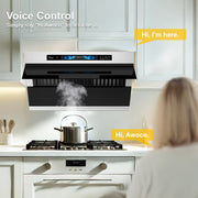 Awoco 30" Under Cabinet Range Hood, Slant Vent Design, 4 Speeds Exhaust Fan with 800 CFM, Voice, Gesture, Touch & Remote Control, 6" Vent, Dimmable LED Light Bars