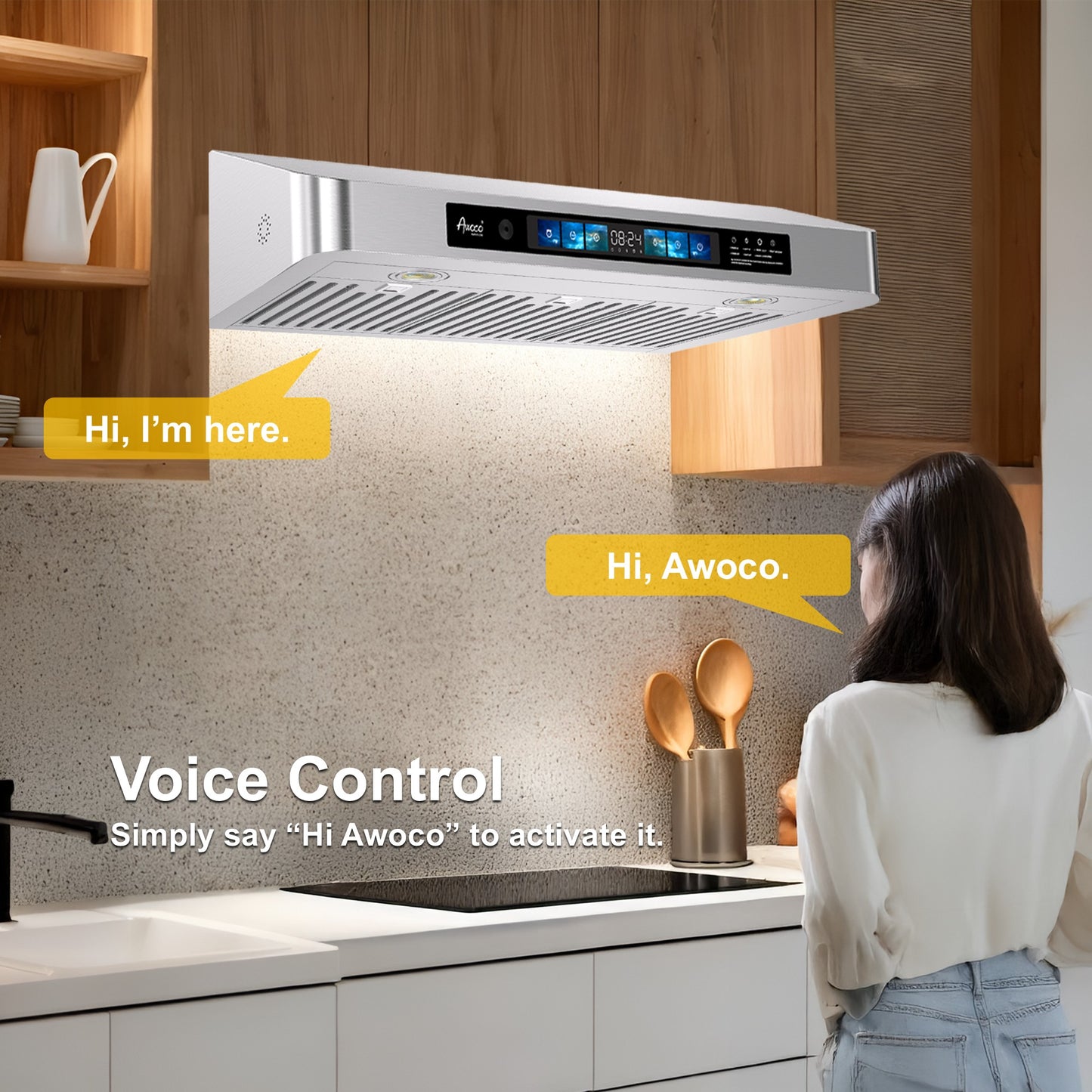 Awoco 30" Under Cabinet Range Hood with Voice, Gesture, Touch & Remote Control, 900 CFM Kitchen Hood with 4-Speed, Stainless Steel Stove Hood with 3 Kitchen Vents, LED Lights, Baffle Filters