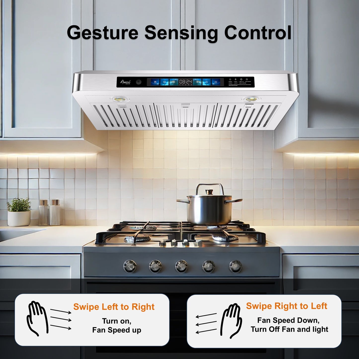 Awoco 30" Under Cabinet Range Hood with Voice, Gesture, Touch & Remote Control, 900 CFM Kitchen Hood with 4-Speed, Stainless Steel Stove Hood with 3 Kitchen Vents, LED Lights, Baffle Filters