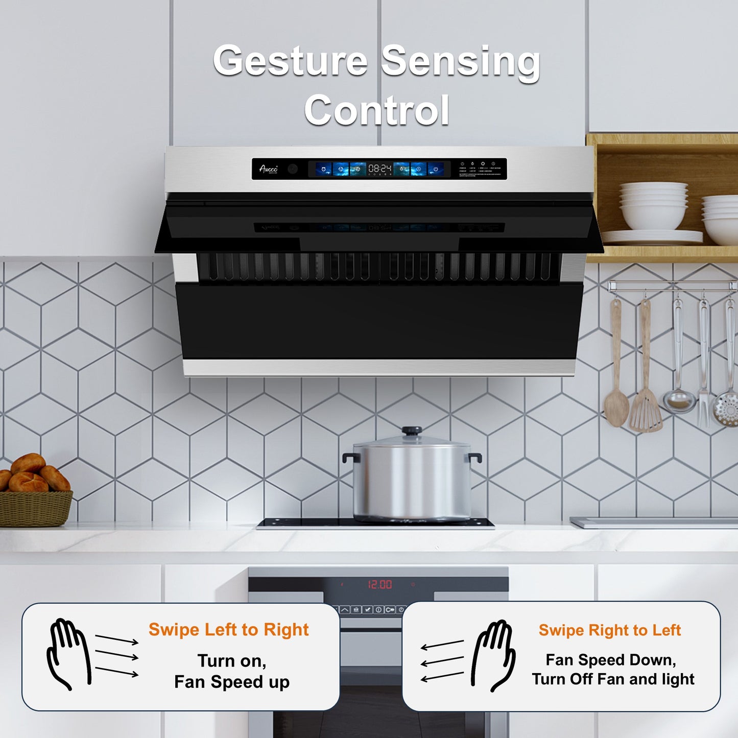 Awoco 30" Under Cabinet Range Hood, Slant Vent Design, 4 Speeds Exhaust Fan with 800 CFM, Voice, Gesture, Touch & Remote Control, 6" Vent, Dimmable LED Light Bars
