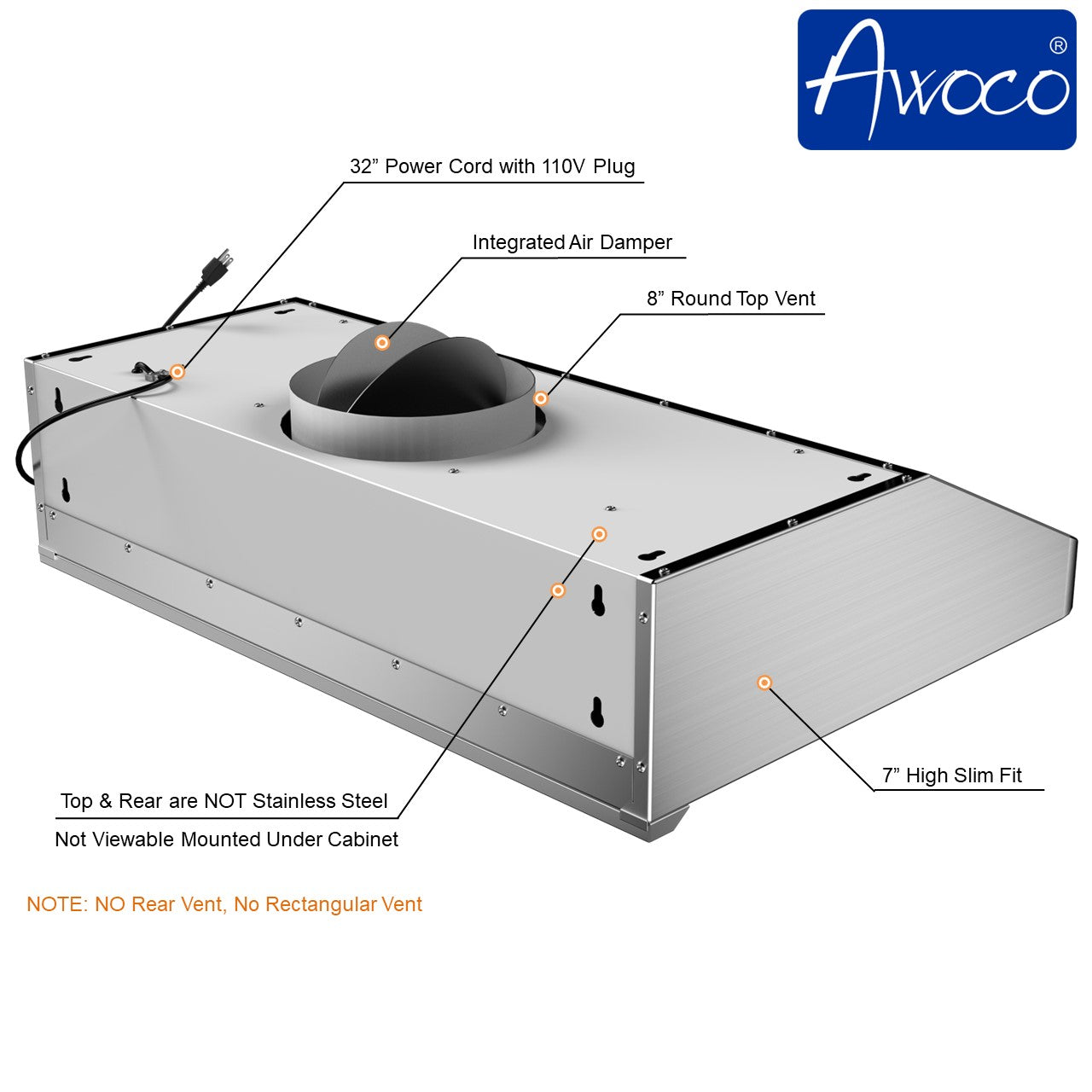 Awoco 30” Under Cabinet Supreme 7” High Stainless Steel Range Hood, 4 Speeds with Gesture Sensing Touch Control Panel, 8” Round Top Vent, 1000 CFM with Remote Control & LED Lights
