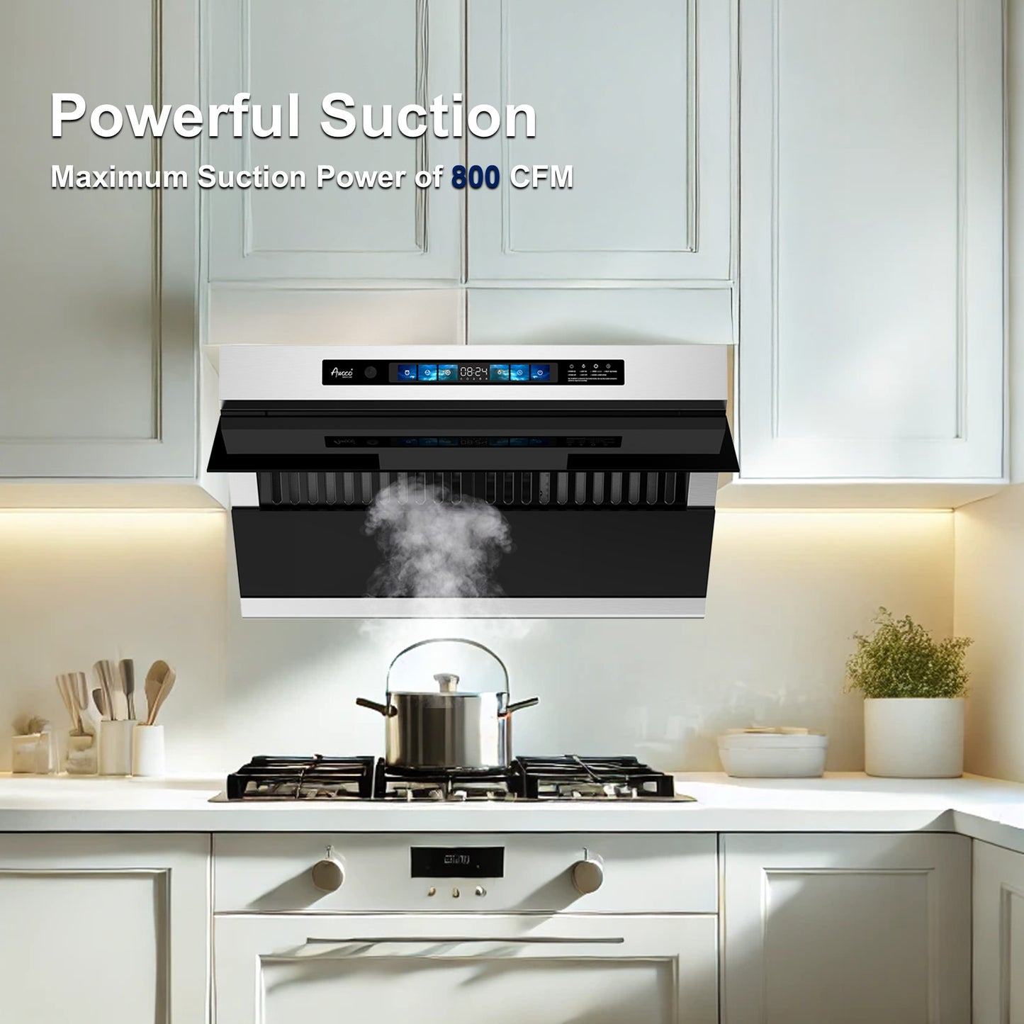 Awoco 30" Under Cabinet Range Hood, Slant Vent Design, 4 Speeds Exhaust Fan with 800 CFM, Voice, Gesture, Touch & Remote Control, 6" Vent, Dimmable LED Light Bars