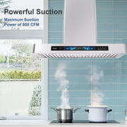 Awoco 30" Wall Mount Range Hood, T-Shape Kitchen Hood with 800 CFM, Voice, Gesture, Touch & Remote Controls, Stainless Steel, 6" Vent, Dimmable LED Lights, Baffle Filters, Adjustable Chimney