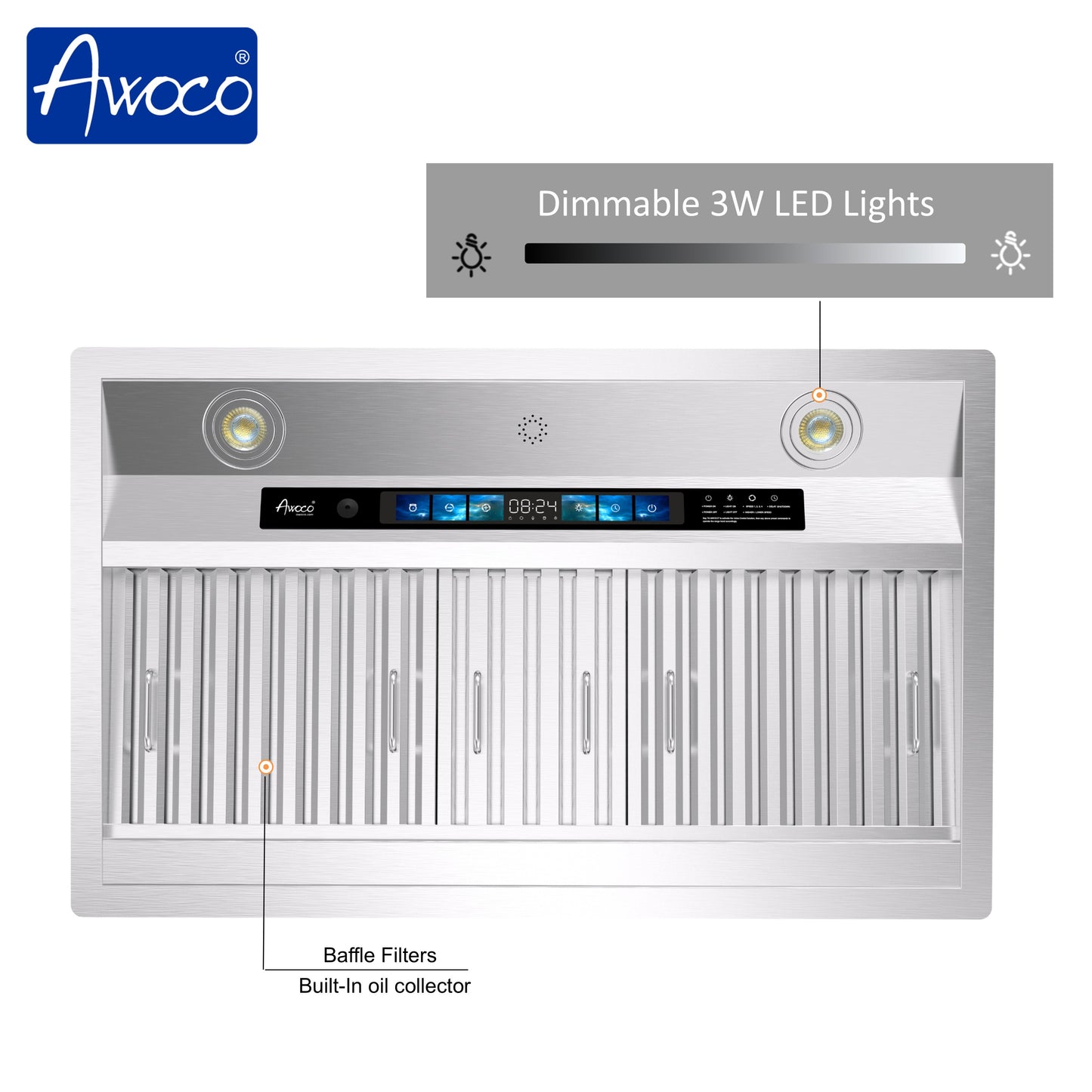 Awoco 30" Built-in Insert Stainless Steel Range Hood, Kitchen Hood with 4-Speed Exhaust Fan, Voice, Gesture, Touch & Remote Controls, 6" Round Top Vent, 800 CFM, Dimmable LED Lights, Baffle Filters