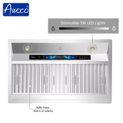 Awoco 30" Built-in Insert Stainless Steel Range Hood, Kitchen Hood with 4-Speed Exhaust Fan, Voice, Gesture, Touch & Remote Controls, 6" Round Top Vent, 800 CFM, Dimmable LED Lights, Baffle Filters