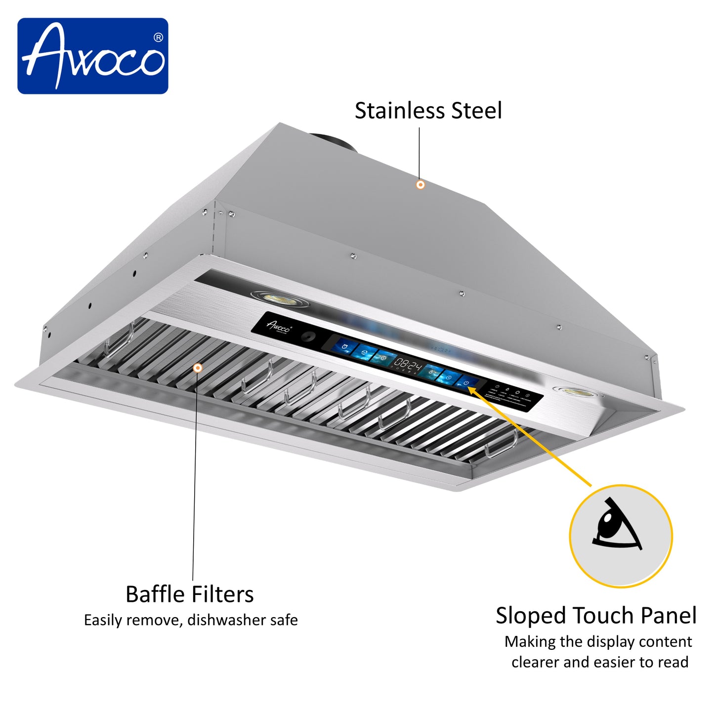 Awoco 30" Built-in Insert Stainless Steel Range Hood, Kitchen Hood with 4-Speed Exhaust Fan, Voice, Gesture, Touch & Remote Controls, 6" Round Top Vent, 800 CFM, Dimmable LED Lights, Baffle Filters
