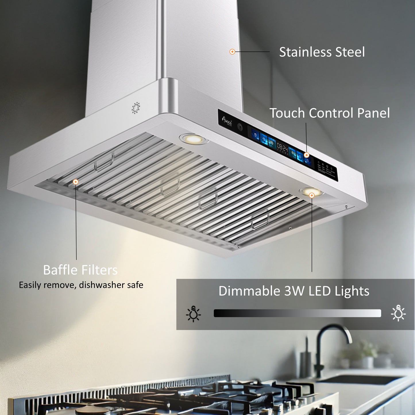 Awoco 30" Wall Mount Range Hood, T-Shape Kitchen Hood with 800 CFM, Voice, Gesture, Touch & Remote Controls, Stainless Steel, 6" Vent, Dimmable LED Lights, Baffle Filters, Adjustable Chimney