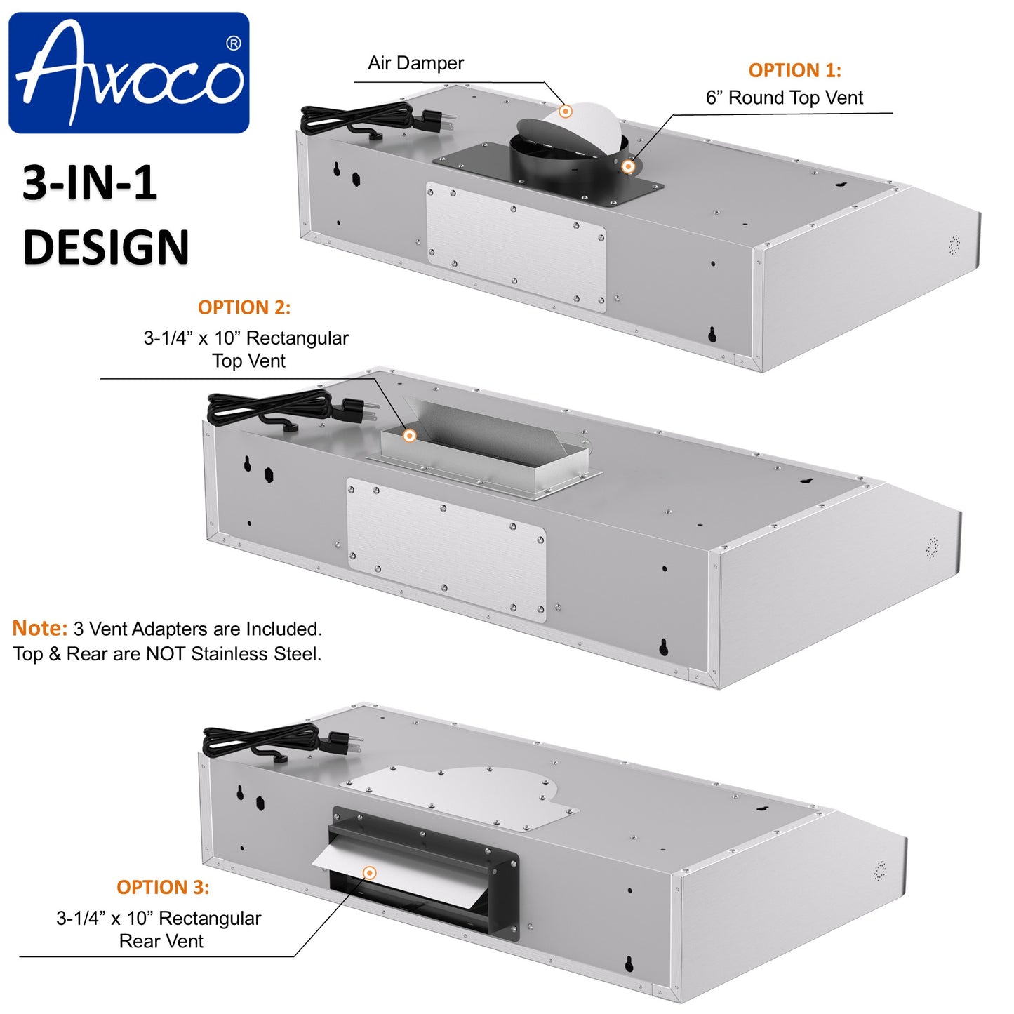 Awoco 36" Under Cabinet Range Hood with Voice, Gesture, Touch & Remote Control, 900 CFM Kitchen Hood with 4-Speed, Stainless Steel Stove Hood with 3 Kitchen Vents, LED Lights, Baffle Filters