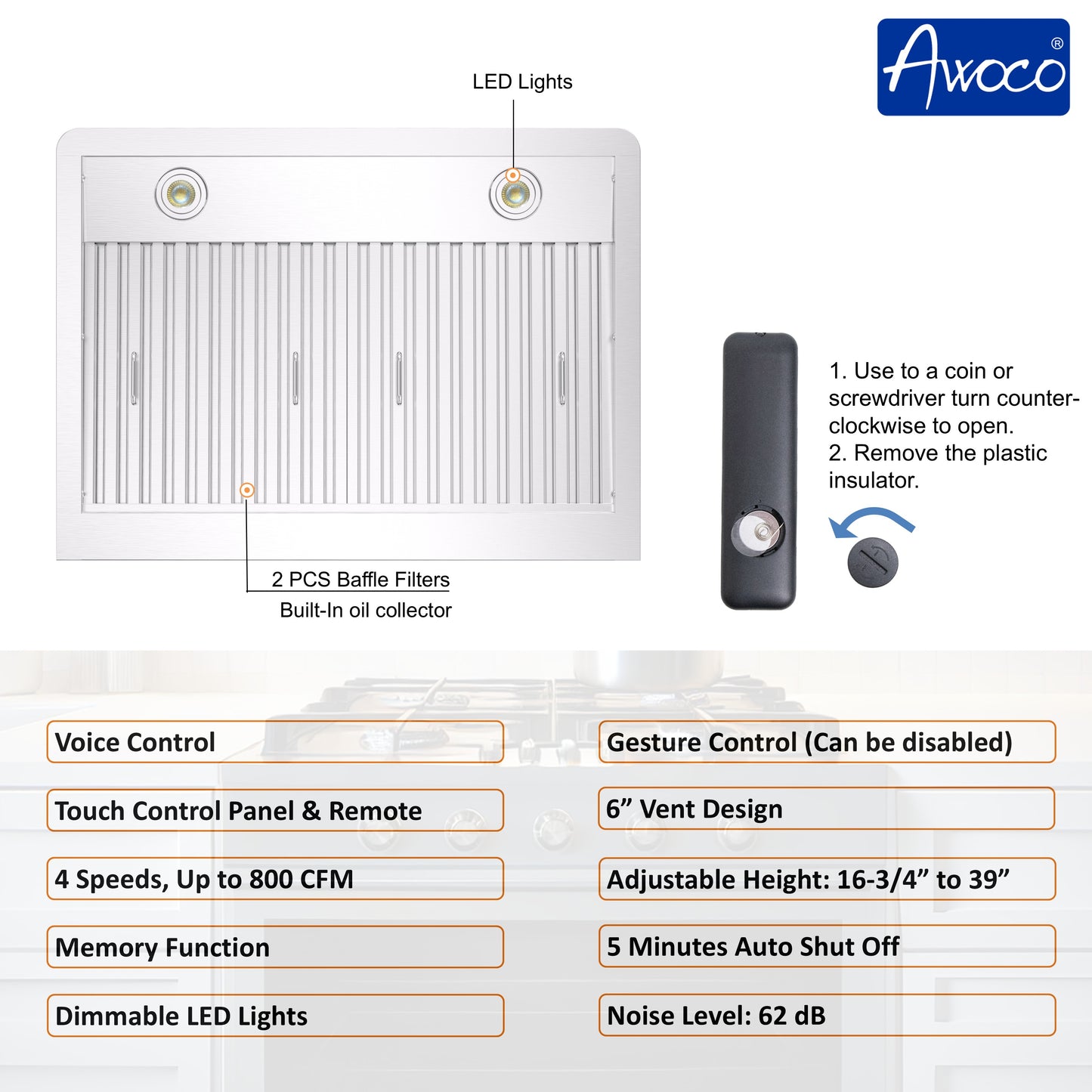 Awoco 30" Wall Mount Range Hood, T-Shape Kitchen Hood with 800 CFM, Voice, Gesture, Touch & Remote Controls, Stainless Steel, 6" Vent, Dimmable LED Lights, Baffle Filters, Adjustable Chimney