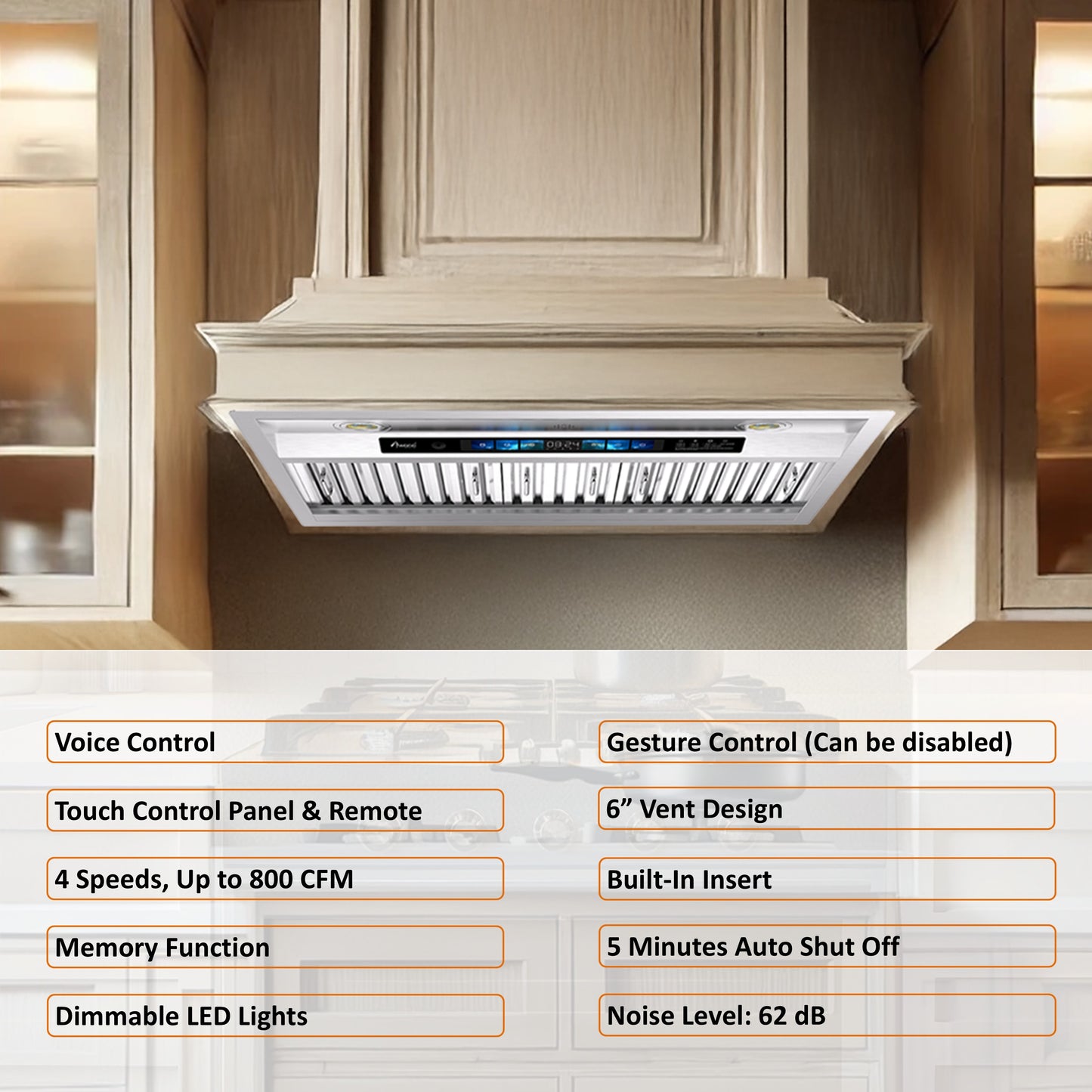 Awoco 30" Built-in Insert Stainless Steel Range Hood, Kitchen Hood with 4-Speed Exhaust Fan, Voice, Gesture, Touch & Remote Controls, 6" Round Top Vent, 800 CFM, Dimmable LED Lights, Baffle Filters