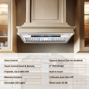 Awoco 30" Built-in Insert Stainless Steel Range Hood, Kitchen Hood with 4-Speed Exhaust Fan, Voice, Gesture, Touch & Remote Controls, 6" Round Top Vent, 800 CFM, Dimmable LED Lights, Baffle Filters