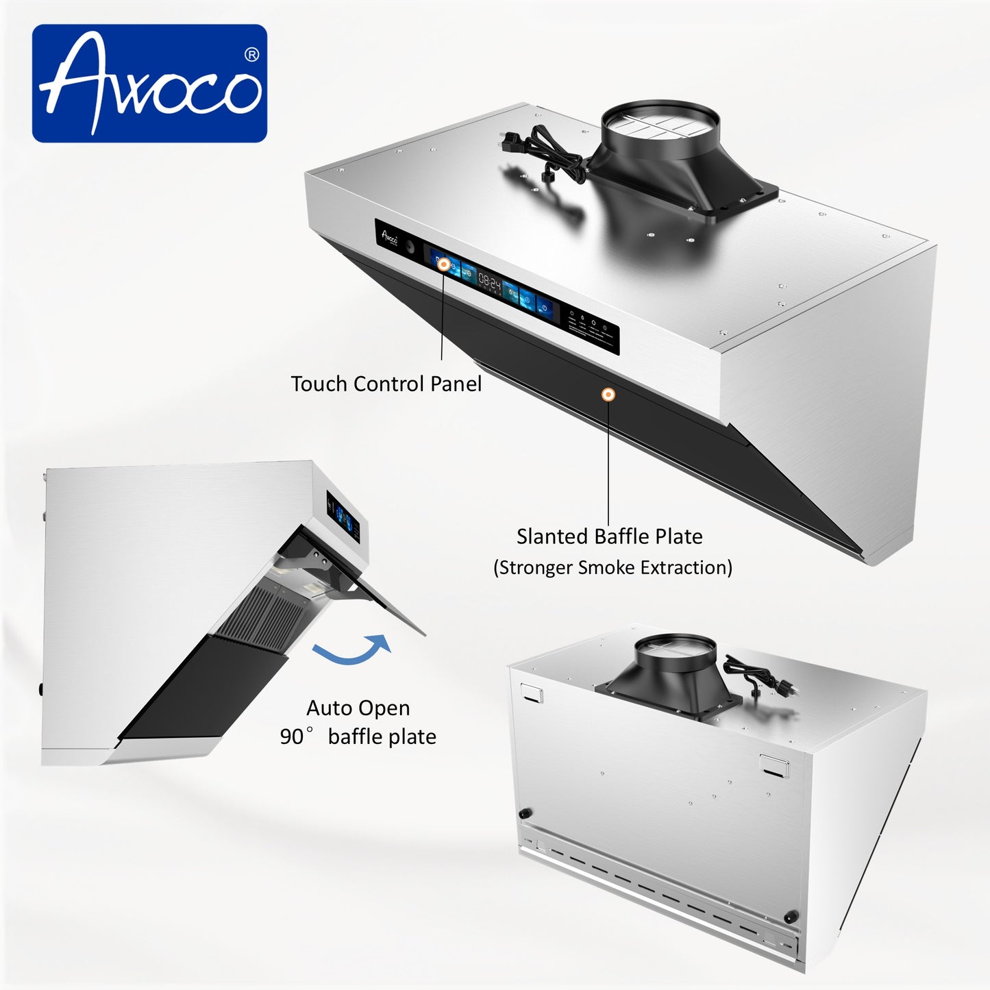 Awoco 30" Under Cabinet Range Hood, Slant Vent Design, 4 Speeds Exhaust Fan with 800 CFM, Voice, Gesture, Touch & Remote Control, 6" Vent, Dimmable LED Light Bars