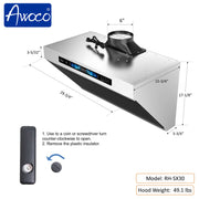 Awoco 30" Under Cabinet Range Hood, Slant Vent Design, 4 Speeds Exhaust Fan with 800 CFM, Voice, Gesture, Touch & Remote Control, 6" Vent, Dimmable LED Light Bars
