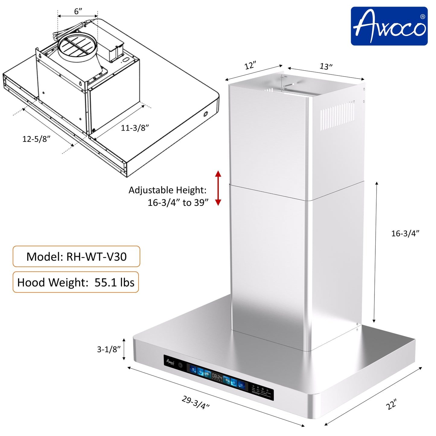 Awoco 30" Wall Mount Range Hood, T-Shape Kitchen Hood with 800 CFM, Voice, Gesture, Touch & Remote Controls, Stainless Steel, 6" Vent, Dimmable LED Lights, Baffle Filters, Adjustable Chimney