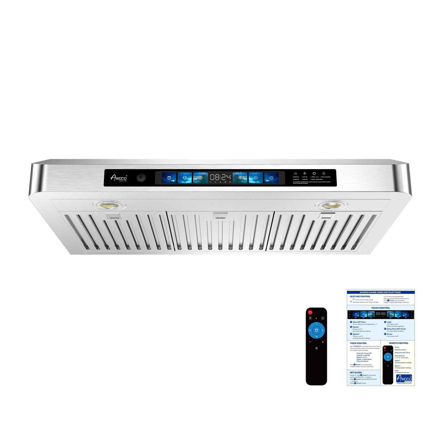 Awoco 36" Under Cabinet Range Hood with Voice, Gesture, Touch & Remote Control, 900 CFM Kitchen Hood with 4-Speed, Stainless Steel Stove Hood with 3 Kitchen Vents, LED Lights, Baffle Filters