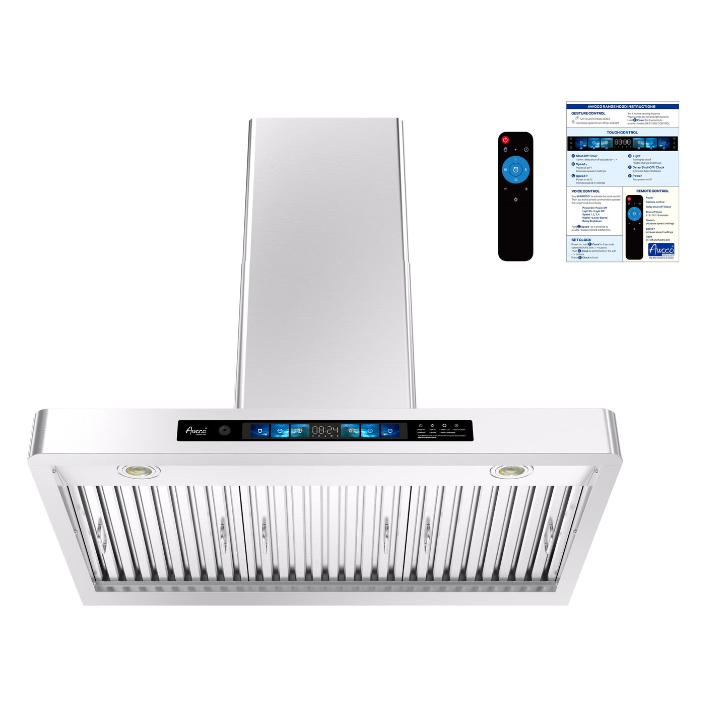 Awoco 36" Wall Mount Range Hood, T-Shape Kitchen Hood with 800 CFM, Voice, Gesture, Touch & Remote Controls, Stainless Steel, 6" Vent, Dimmable LED Lights, Baffle Filters, Adjustable Chimney