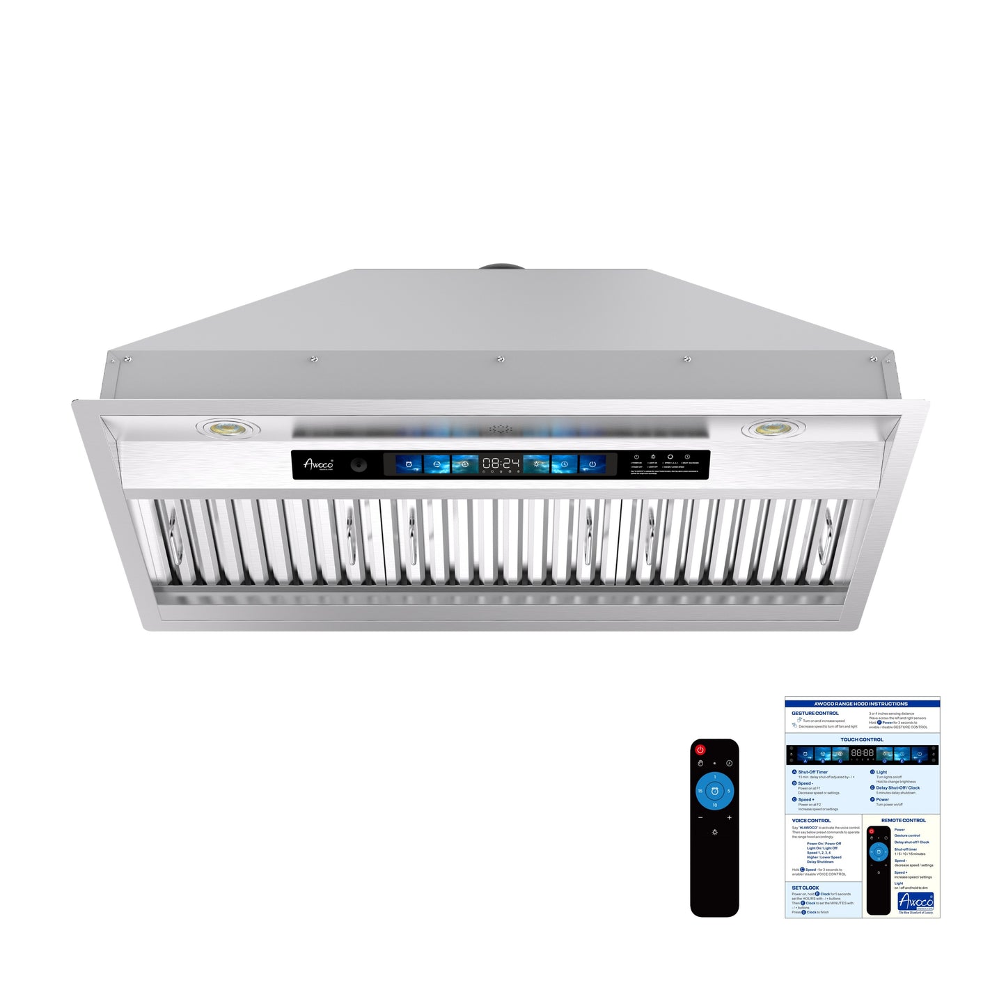 Awoco 36" Built-in Insert Stainless Steel Range Hood, Kitchen Hood with 4-Speed Exhaust Fan, Voice, Gesture, Touch & Remote Controls, 6" Round Top Vent, 800 CFM, Dimmable LED Lights, Baffle Filters