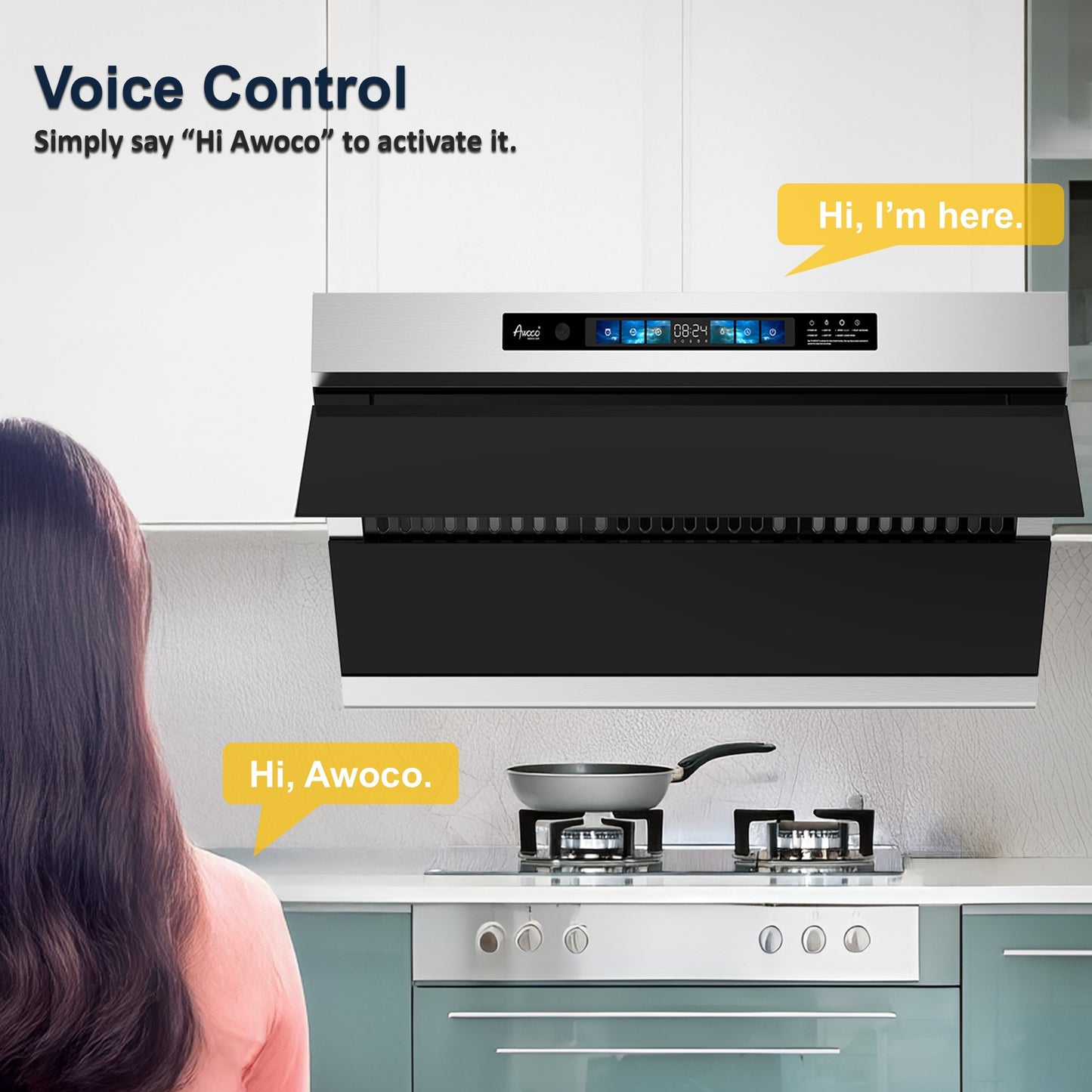 Awoco 36" Under Cabinet Range Hood, Slant Vent Design, 4 Speeds Exhaust Fan with 800 CFM, Voice, Gesture, Touch & Remote Control, 6" Vent, Dimmable LED Light Bars