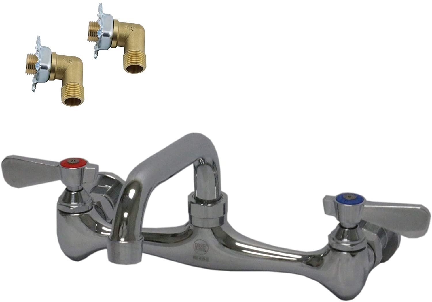 ABC Wall Mount Commercial Duty No Lead Faucet, 8” Center with 6” Swivel Spout, Dual Lever Handles, Chrome Polished and Brass Constructed Body, Installation Kit, NSF Approved (6" Spout + Kit)
