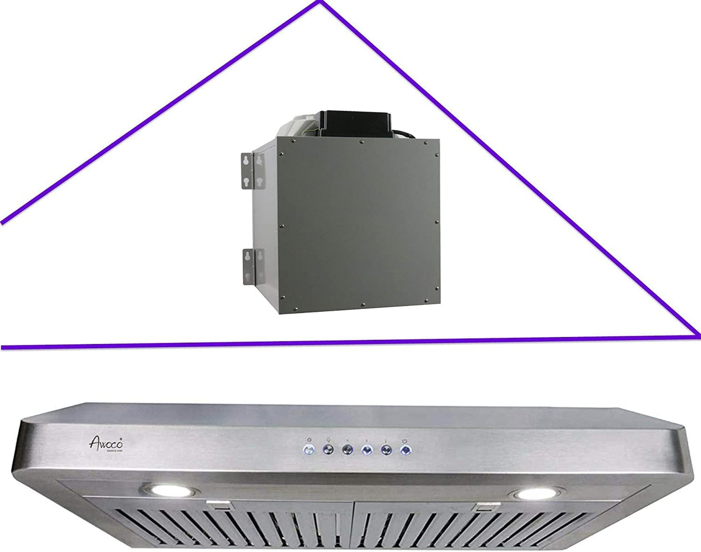 Awoco RH-SP08-36 36" Powerful Quiet Split Series 6" High 1mm Thick Stainless Steel Under Cabinet 4 Speeds 1000CFM Range Hood with 2 LED Lights, 8" Round Top Vent
