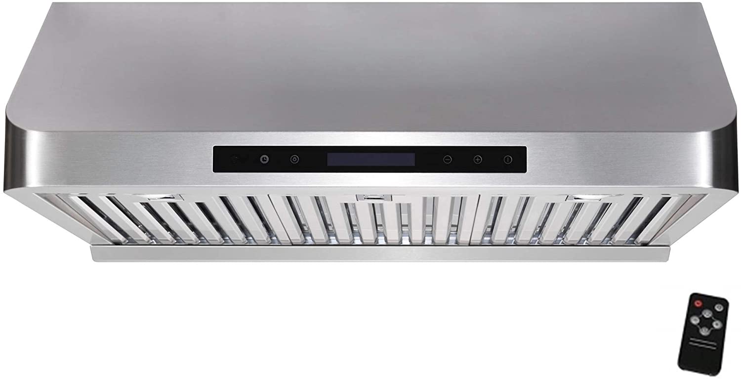 [Refurbished] Awoco RH-S10-30E Supreme 10” High Stainless Steel Under Cabinet Range Hood 4 Speeds, 8” Round Top Vent, 1000CFM 2 LED Lights, Remote Control & External Oil Collector (30”W)