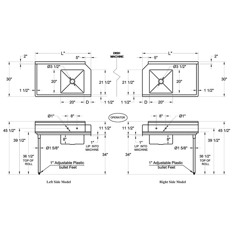 GSW Stainless Steel Soiled Dish Table 48"L x 30"W Left Side NSF Approved