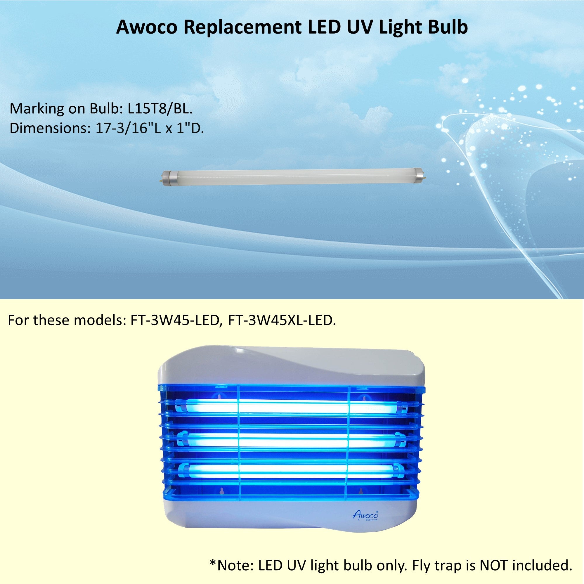 Awoco Replacement LED TUBE L15T8 5 W LED UV Light Bulb for Wall Mount Sticky Fly Trap Lamp FT-3W45-LED