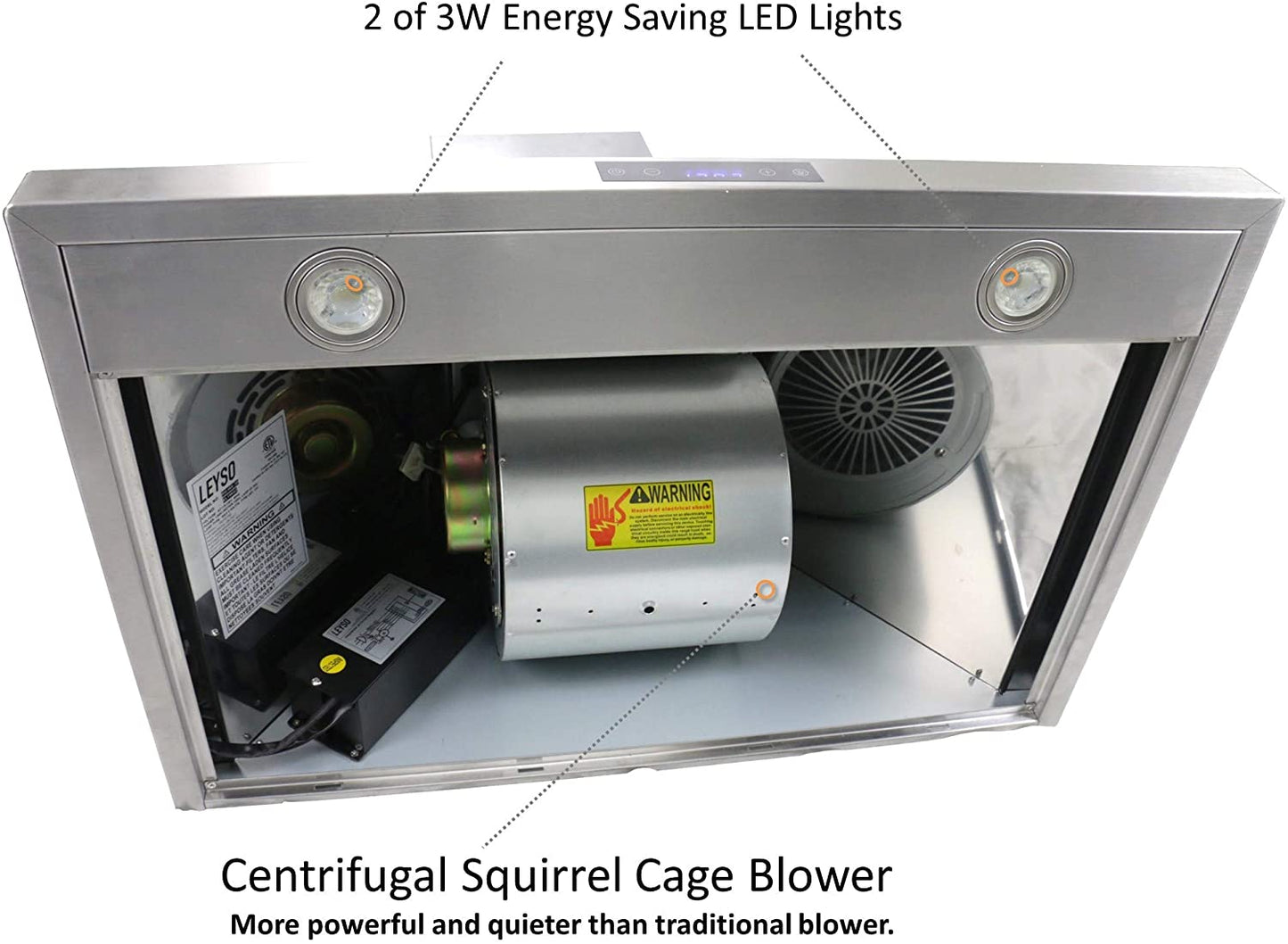 Leyso RH-WS-36 41.5”H Stainless Steel Range hood 3 Speeds, 6” Round Top Vent 760 CFM, 2 LED Lights, Baffle Filters (36" Wall Mount)