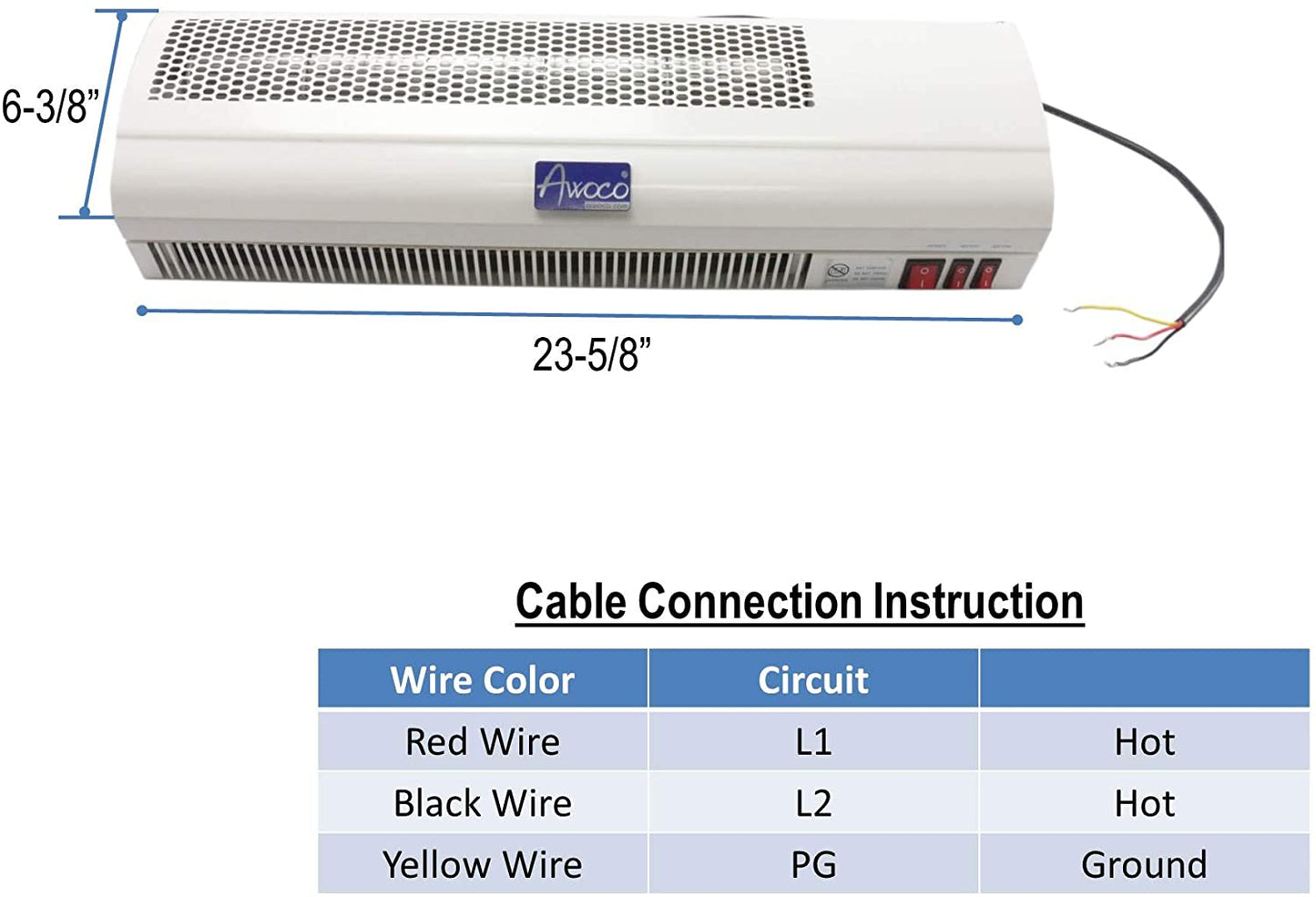 Awoco 24" 240V 3000 Watts 2 Heating Levels 160 CFM Heated Light Weight Air Curtain for Restaurant Drive-Thru Windows