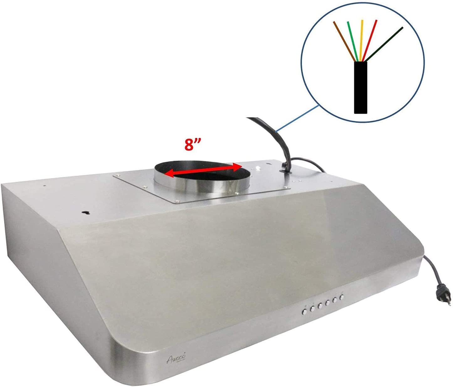Awoco RH-SP08-36 36" Powerful Quiet Split Series 6" High 1mm Thick Stainless Steel Under Cabinet 4 Speeds 1000CFM Range Hood with 2 LED Lights, 8" Round Top Vent