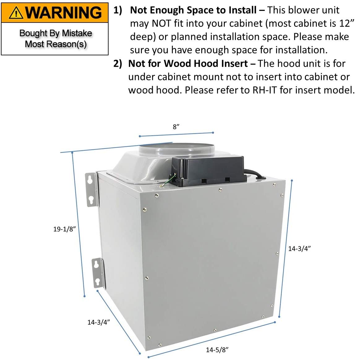 Awoco RH-SP08-36 36" Powerful Quiet Split Series 6" High 1mm Thick Stainless Steel Under Cabinet 4 Speeds 1000CFM Range Hood with 2 LED Lights, 8" Round Top Vent