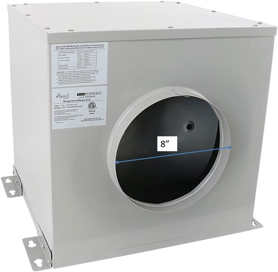 Awoco RH-SP08-36 36" Powerful Quiet Split Series 6" High 1mm Thick Stainless Steel Under Cabinet 4 Speeds 1000CFM Range Hood with 2 LED Lights, 8" Round Top Vent