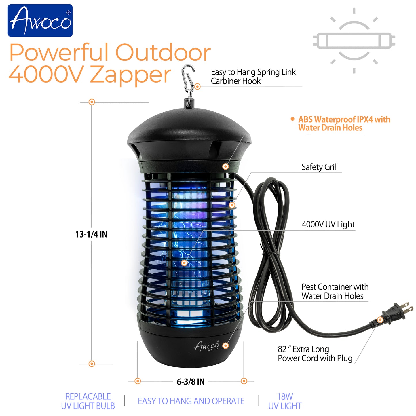 Awoco 18 W Outdoor Bug Zapper 4000V High Powered Electric Killer Fly Trap with 82” Extra Long Power Cord for Eliminating Flying Insects, Flies, Mosquitoes, and Moths