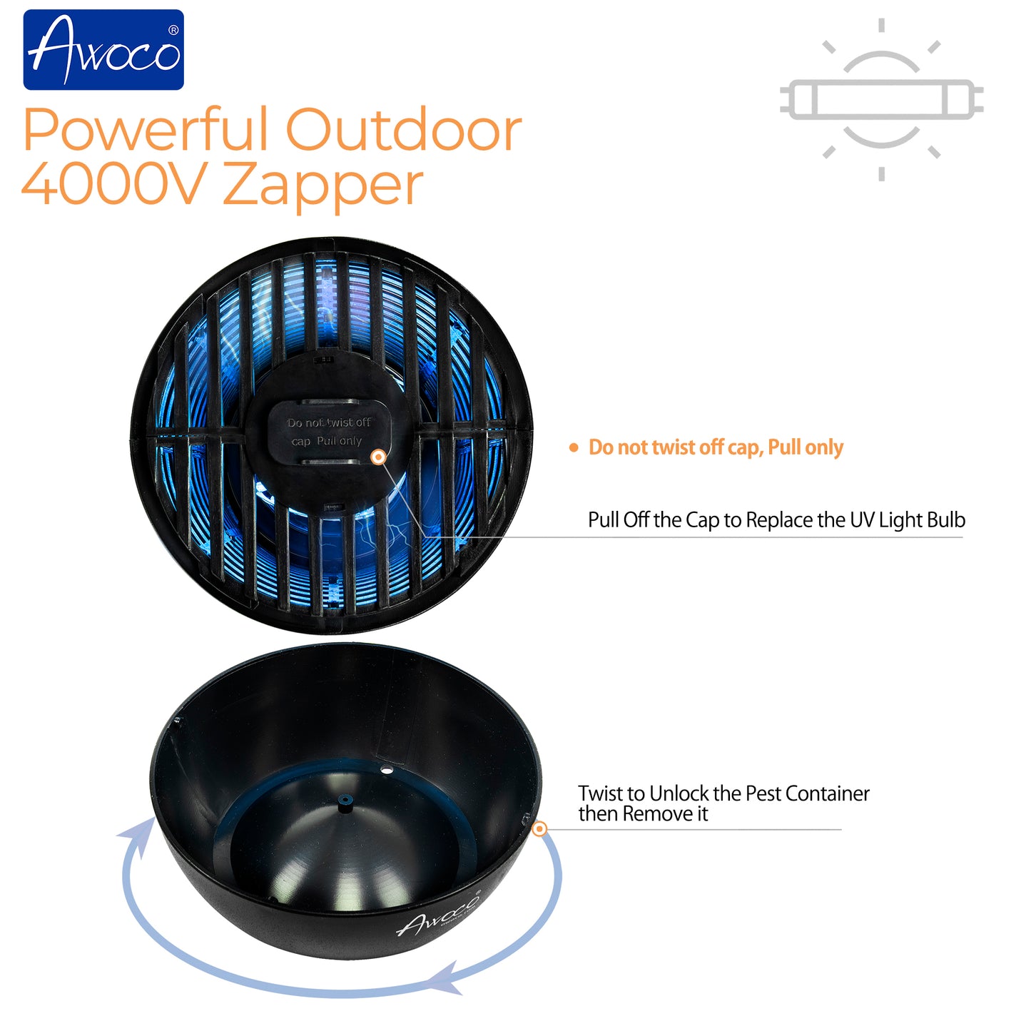 Awoco 18 W Outdoor Bug Zapper 4000V High Powered Electric Killer Fly Trap with 82” Extra Long Power Cord for Eliminating Flying Insects, Flies, Mosquitoes, and Moths