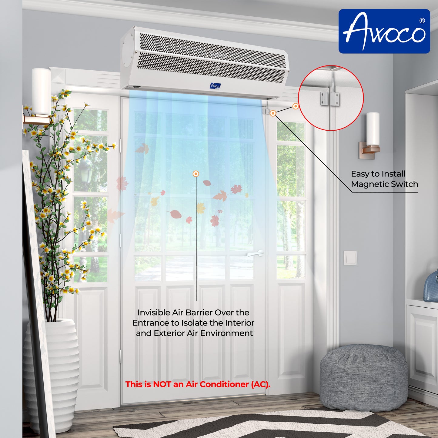 Awoco 36” Super Power 2 Speeds 1200 CFM DELAY ON Commercial Indoor Air Curtain, UL Certified, 120V Unheated with an Easy-Install Magnetic Switch