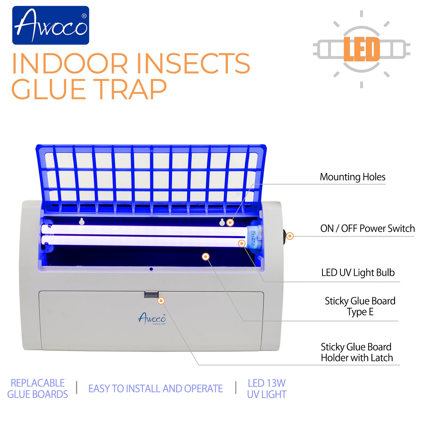 Awoco FT-1E36XL-LED 13W 100V-240V Wall Mount Sticky Fly Trap Lamp for Capturing Flies, Mosquitoes, Moths and Flying Insects (Fly Trap XL)