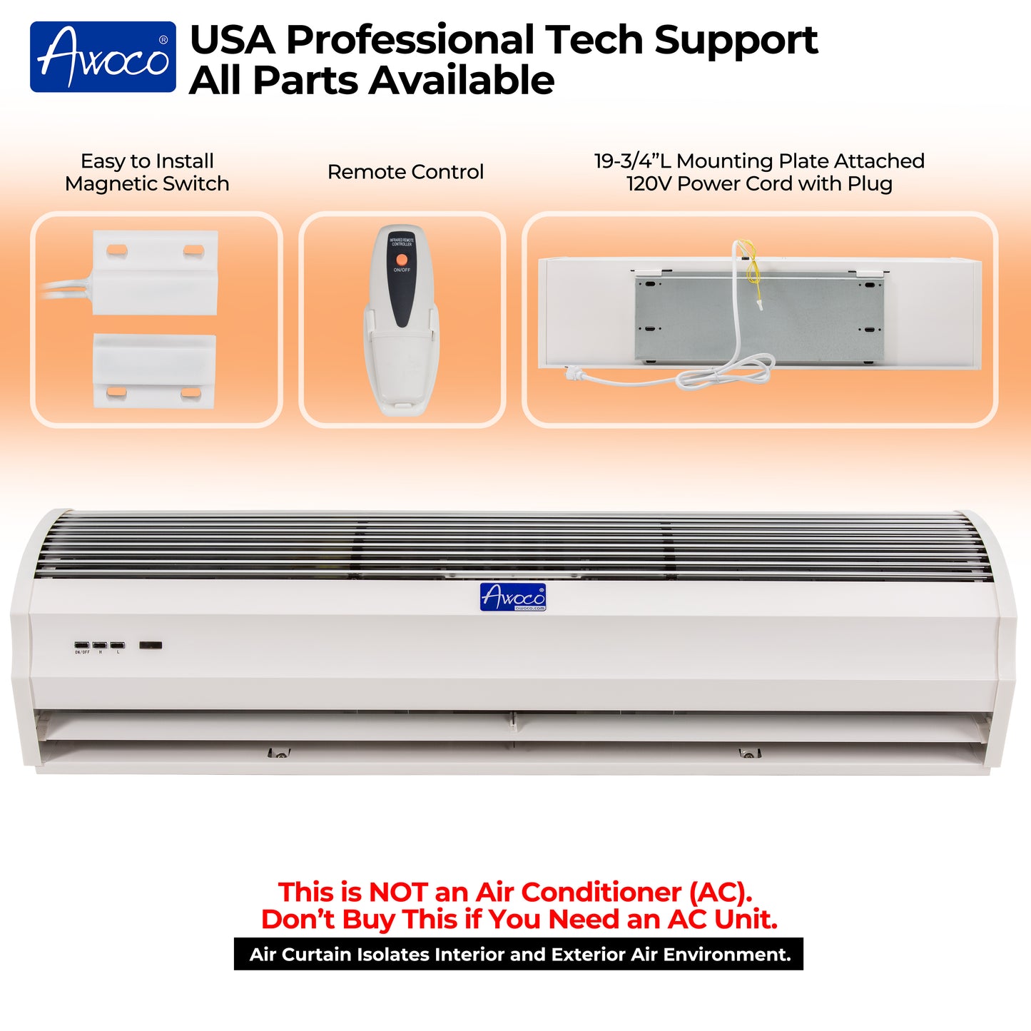 Awoco 40” Slimline 2 Speeds 1250 CFM Indoor Air Curtain, CE Certified, 120V Unheated with Remote Control and Magnetic Switch, Powerful, Quiet, Small Body, Light Weight, 3 Year Warranty